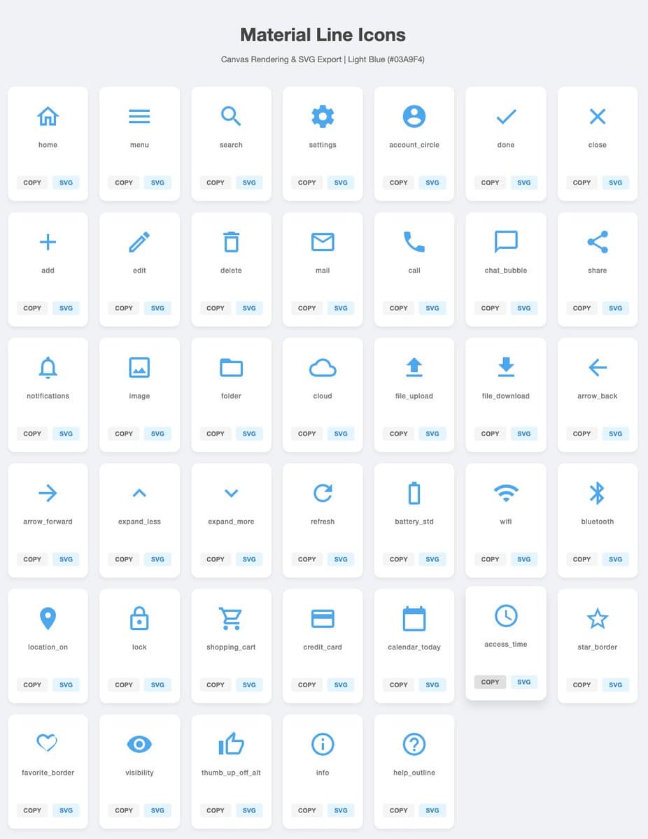 Generate 40 simple SVG icons with download buttons