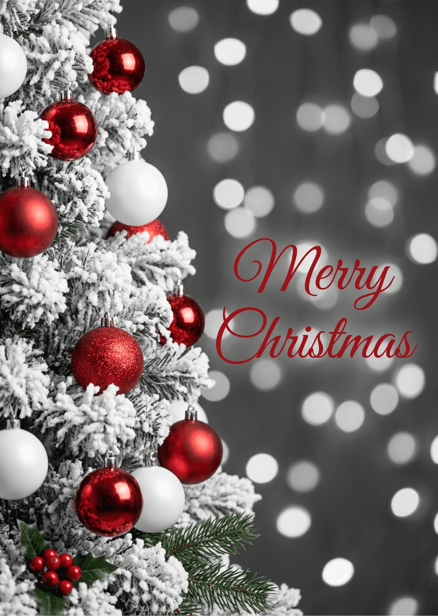 Flocked Tree with Red Ornaments and Bokeh