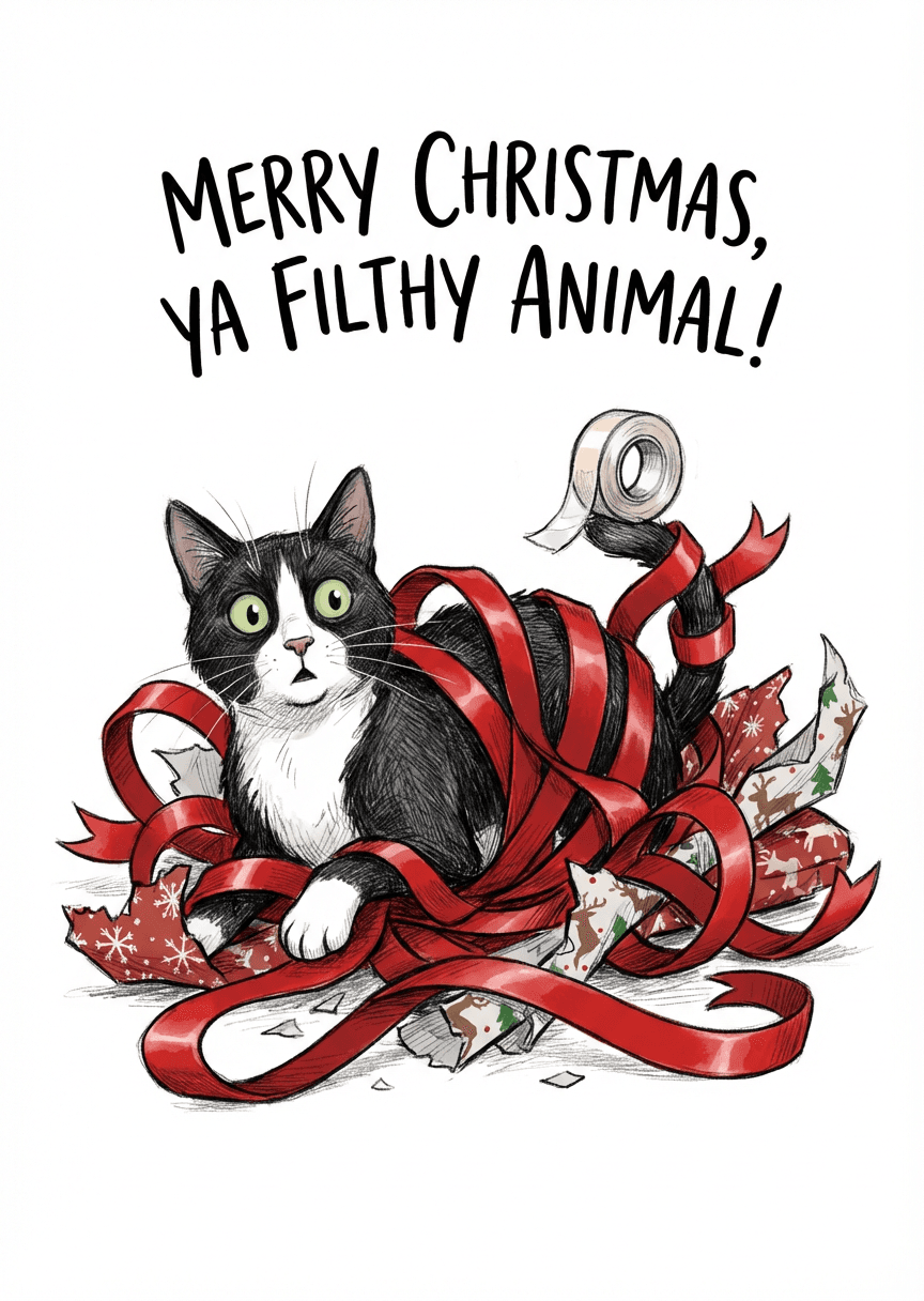 Tuxedo Cat Tangled in Ribbon