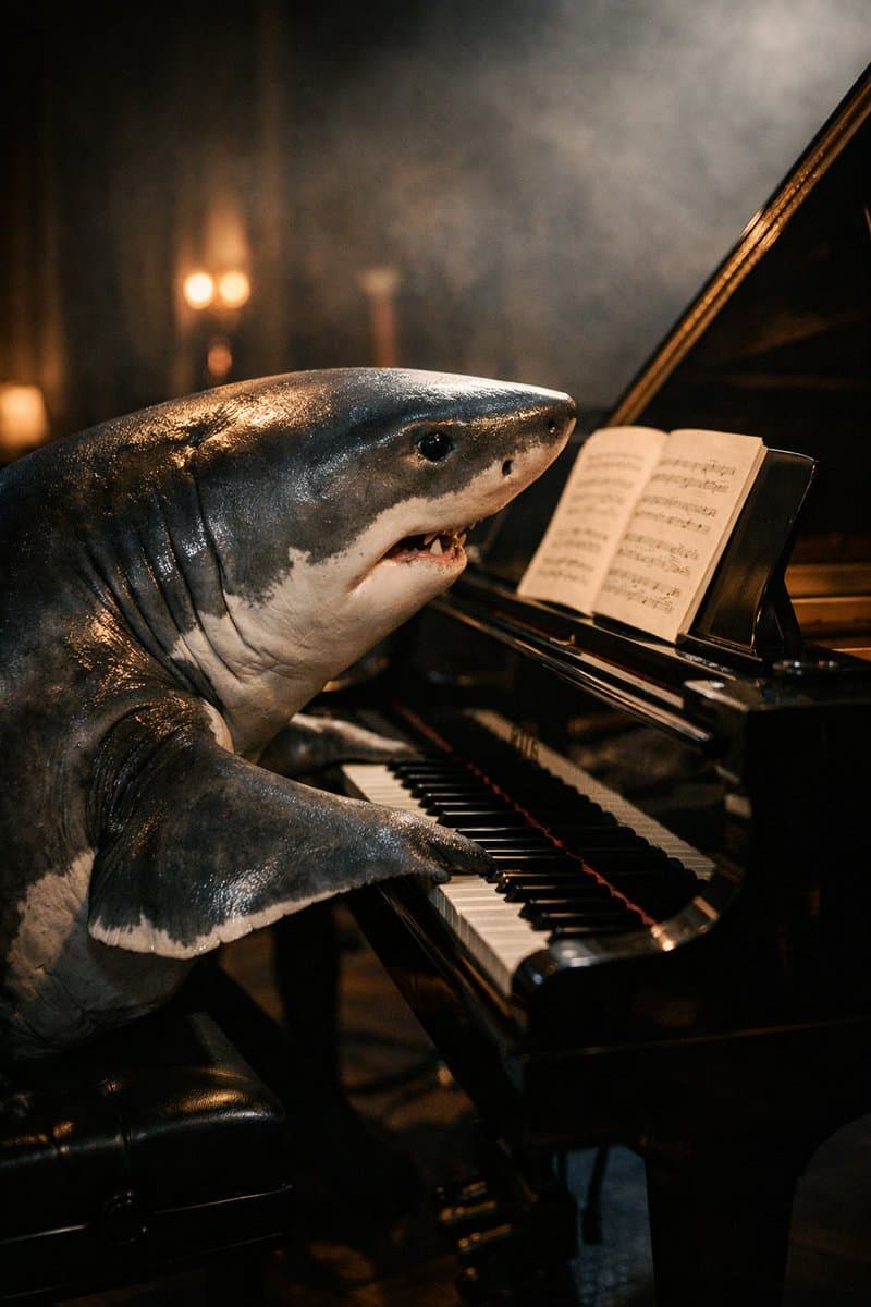 Realistic Shark Playing Piano Benchmark Prompt