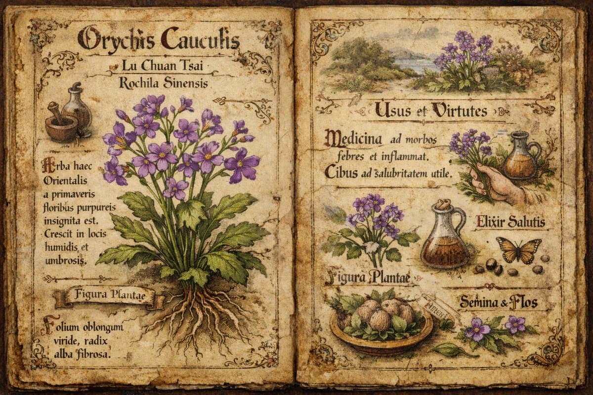 Western Manuscript Style Illustration for 'Orychophragmus violaceus'