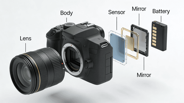 Exploded View DSLR Camera Illustration