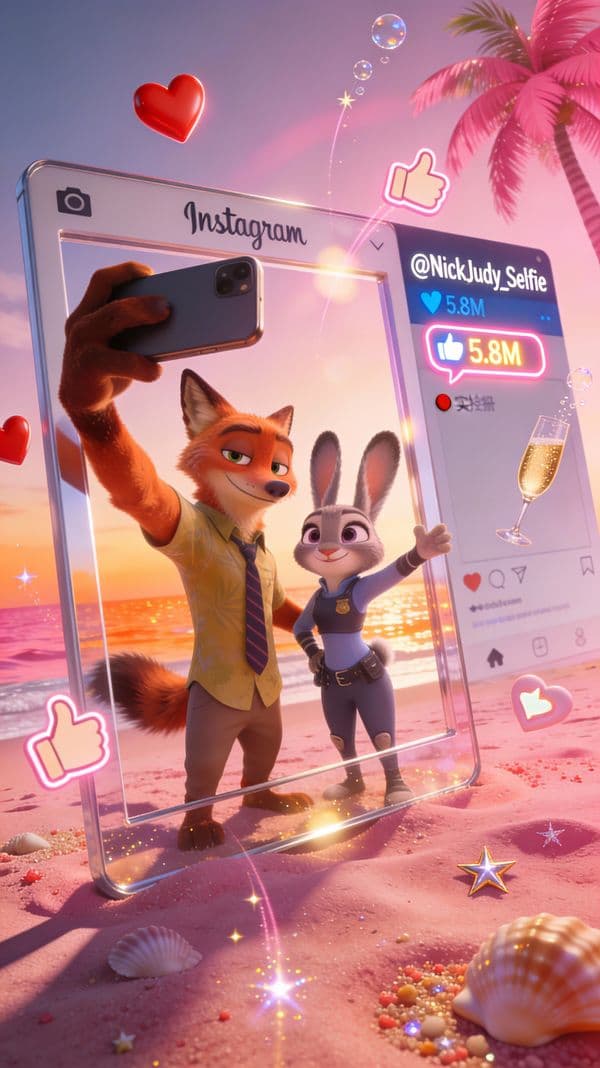 Nick and Judy Pink Beach Instagram-Style Selfie