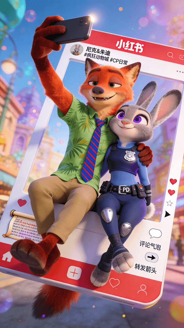 Nick and Judy Xiaohongshu-Style Fourth-Wall-Breaking Selfie