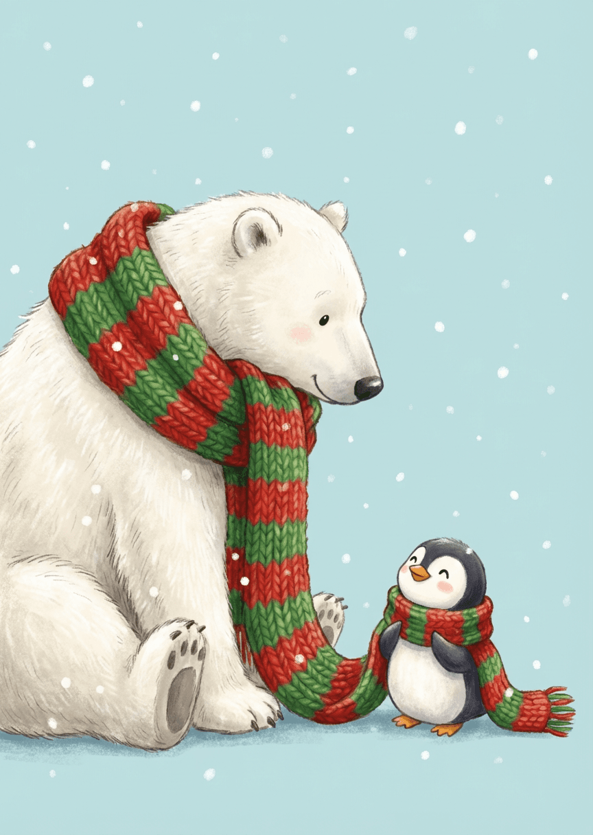 Polar Bear and Penguin Scarf Christmas Card