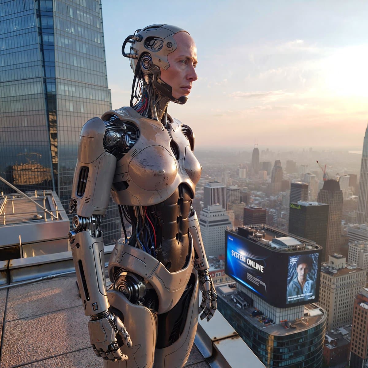 Ultra-Realistic Humanoid Robot on Rooftop