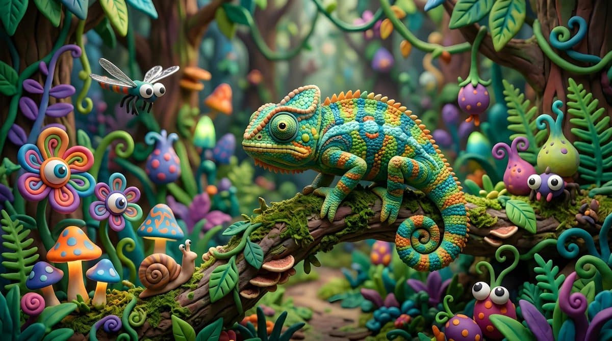 Whimsical Claymation Chameleon Scene