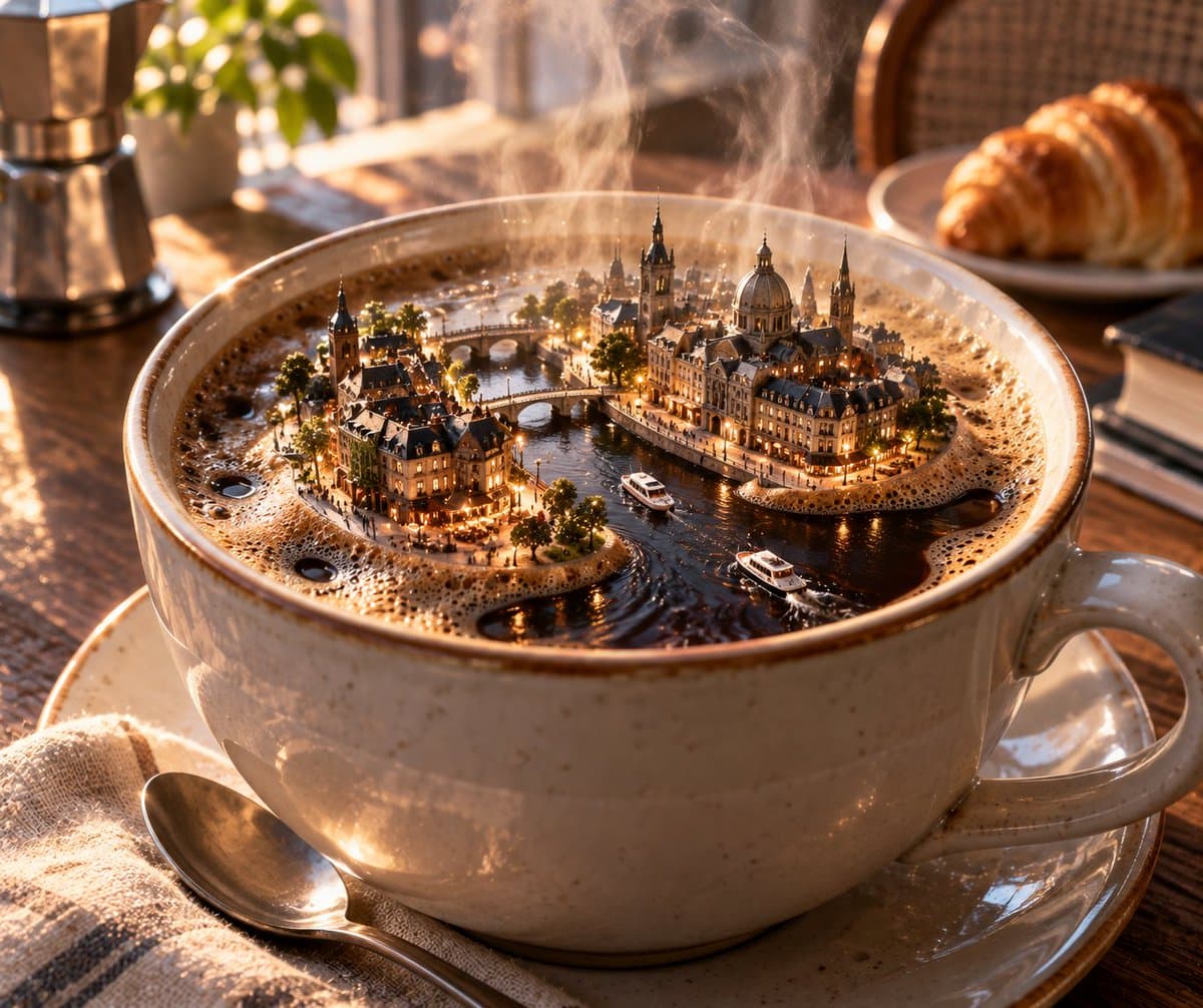 Miniature city in coffee cup