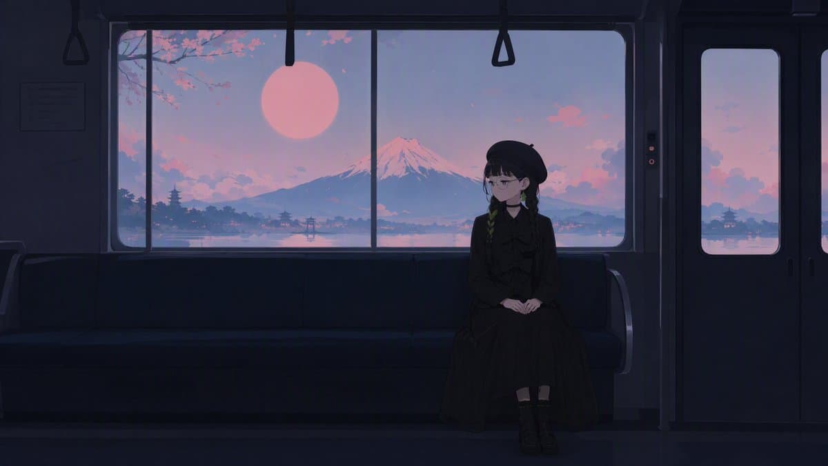 Anime Train at Dusk with Mount Fuji