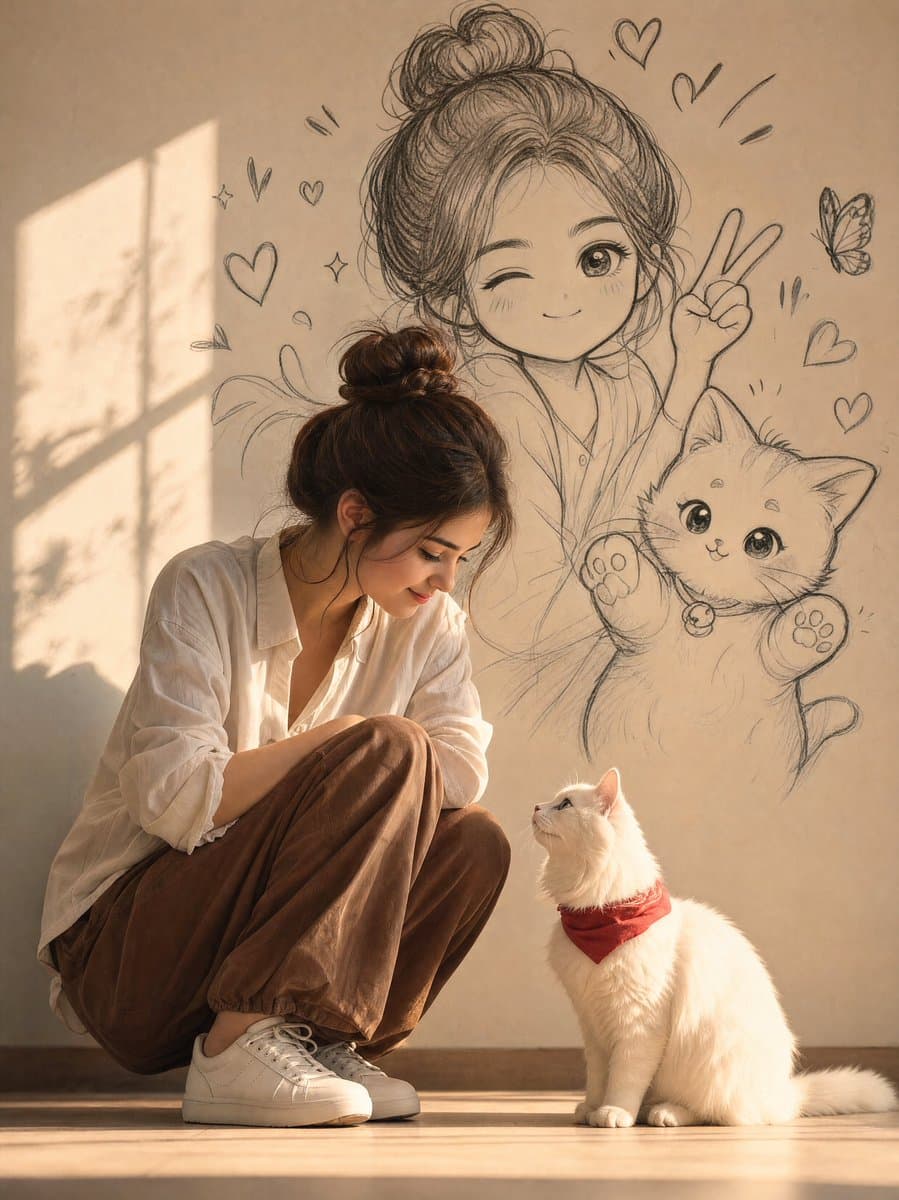 Realistic Lifestyle Photo with Doodle Wall Art