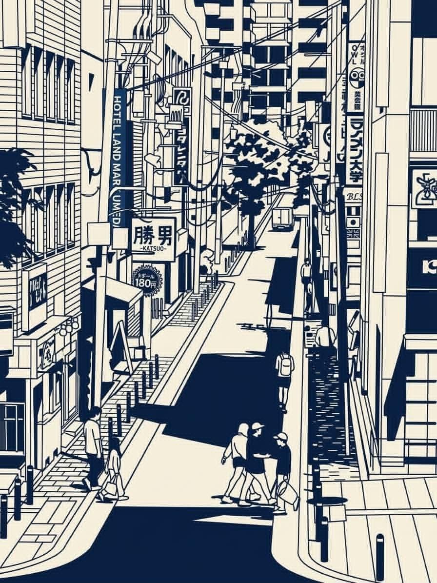 Japanese Urban Scene Illustration Prompt