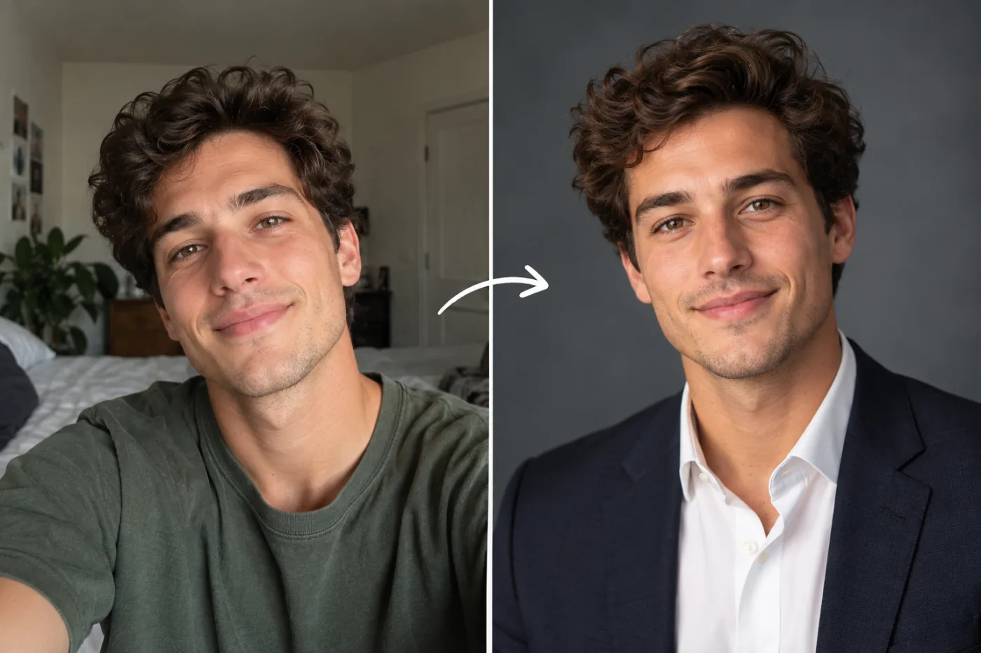 Turn a Selfie into a Professional Headshot with AI: before and after