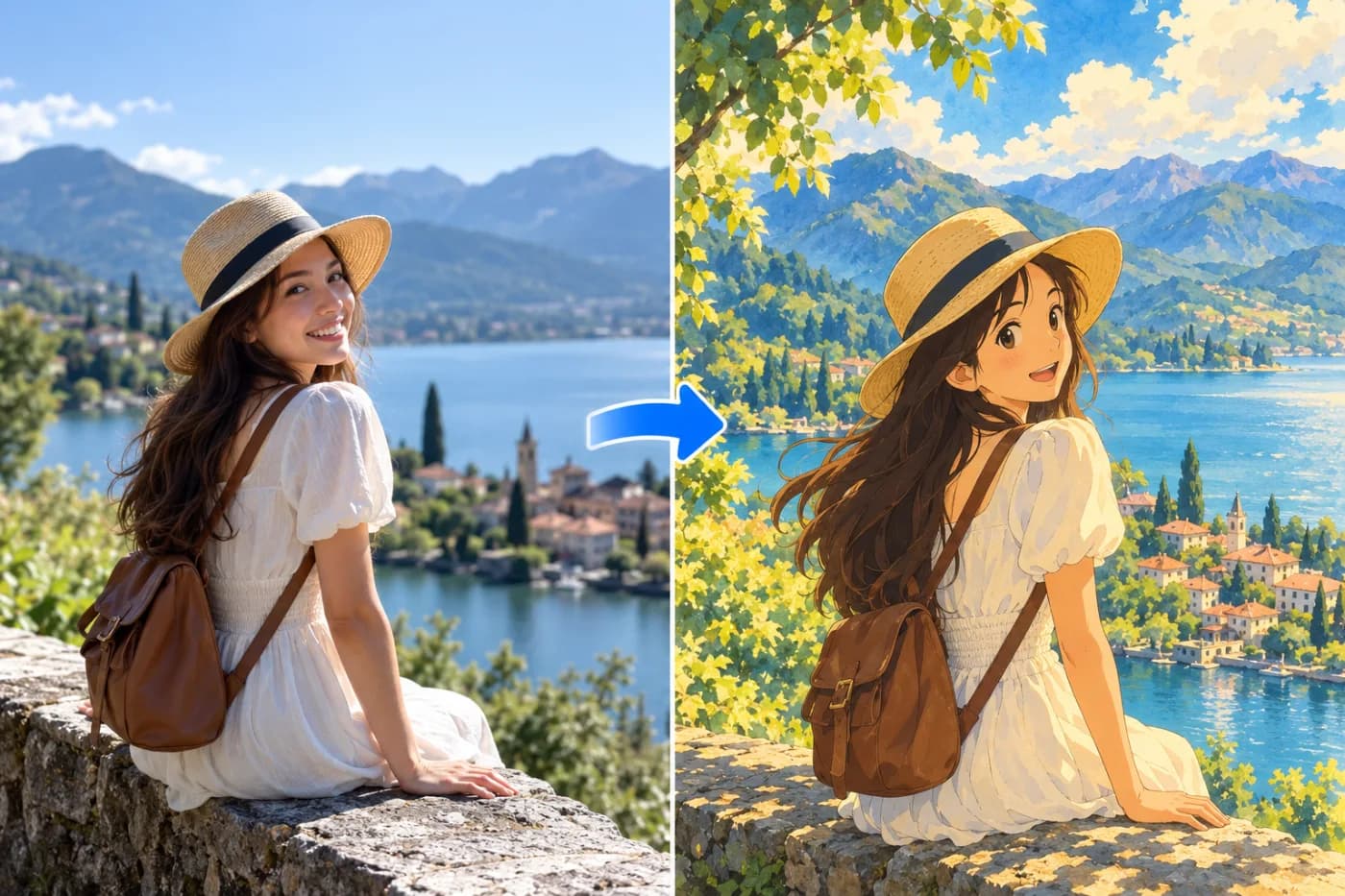 Turn a Photo into Hand-Painted Anime Art with AI: before and after