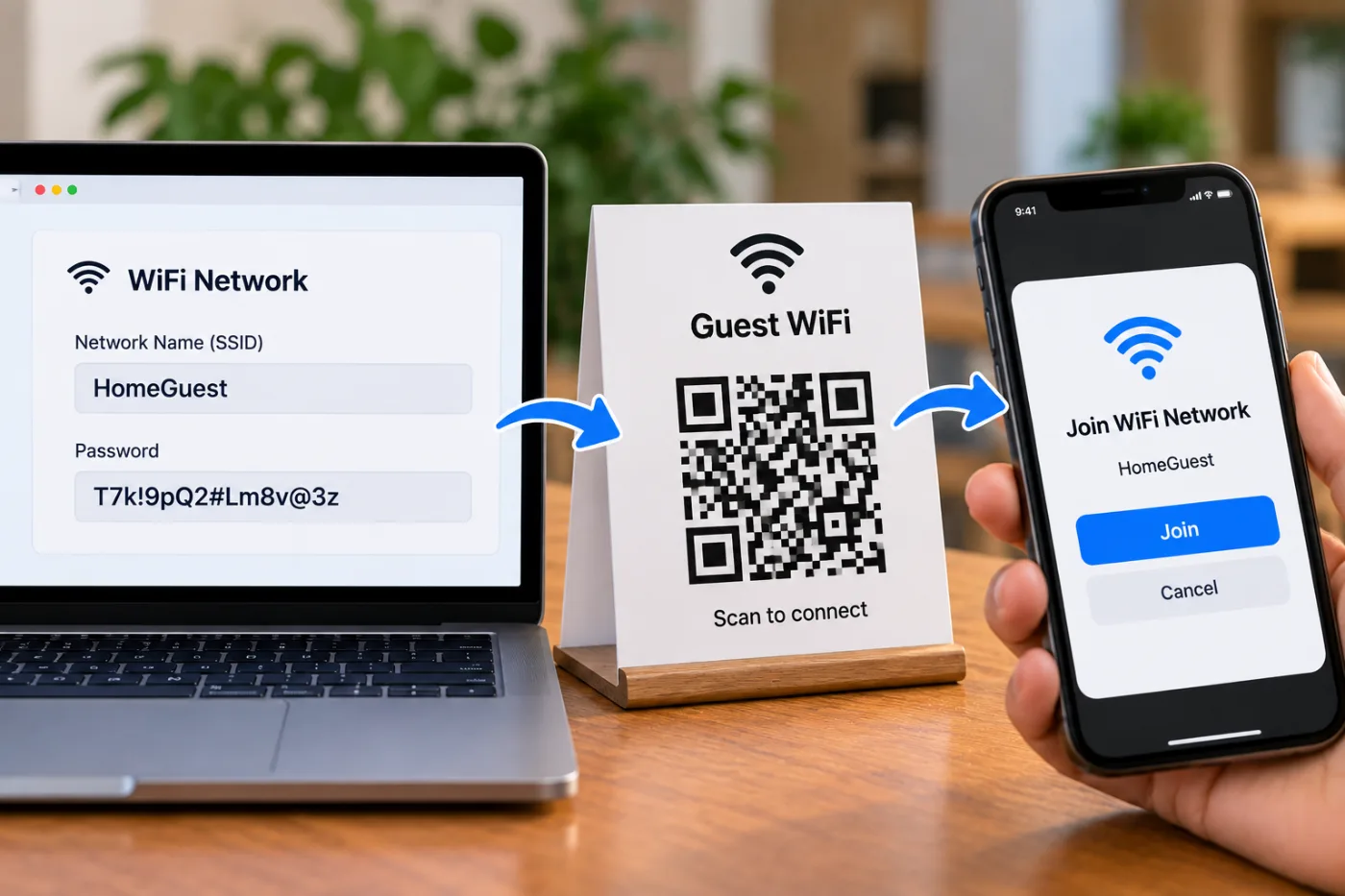 Make a WiFi QR Code So Guests Can Join Without Typing (Free): before and after