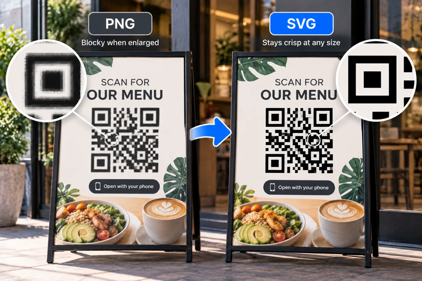 Why Your Printed QR Code Looks Blocky (Use SVG Instead): before and after