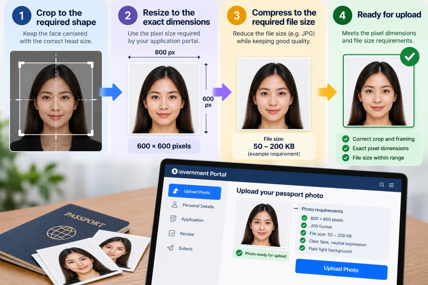 Resize a Photo to Passport Size (Free, Exact Pixels): before and after