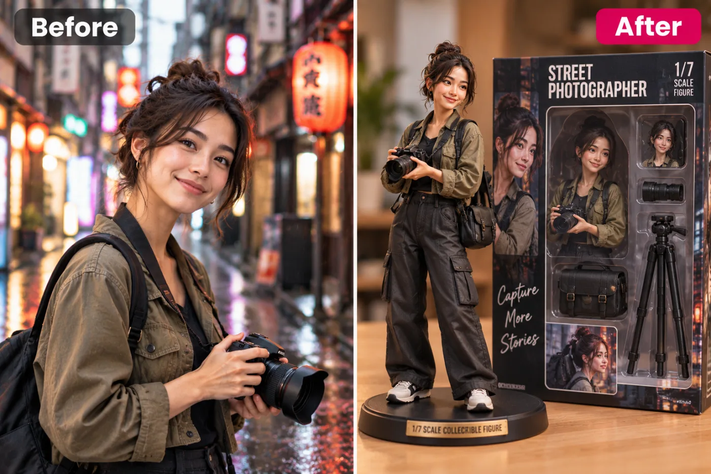 Turn Your Photo into a 3D Figurine with AI: before and after