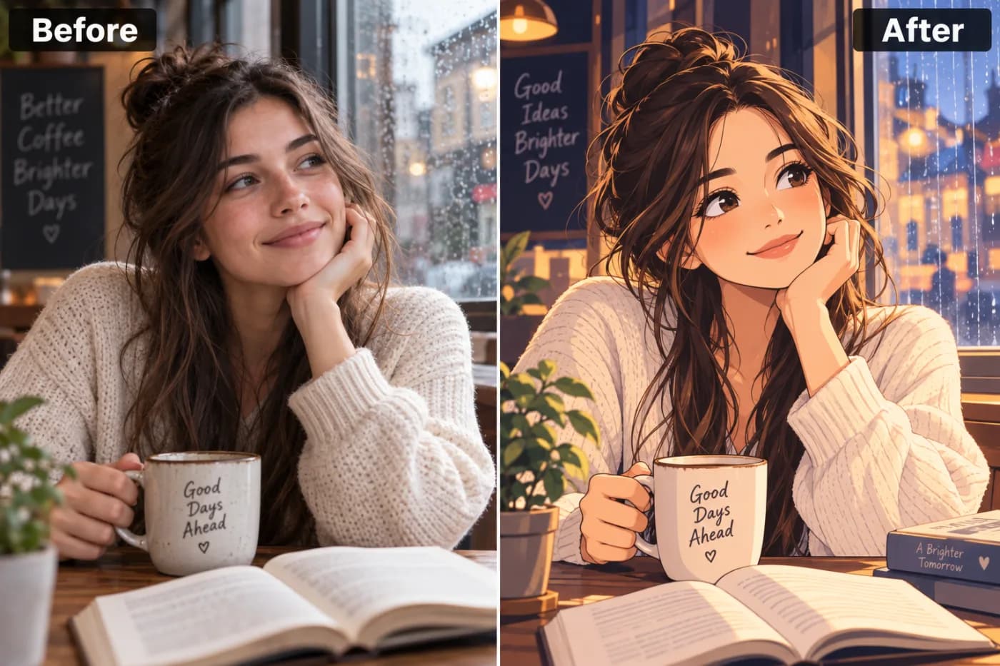 Turn Any Photo into Anime Art with AI — Free Online: before and after
