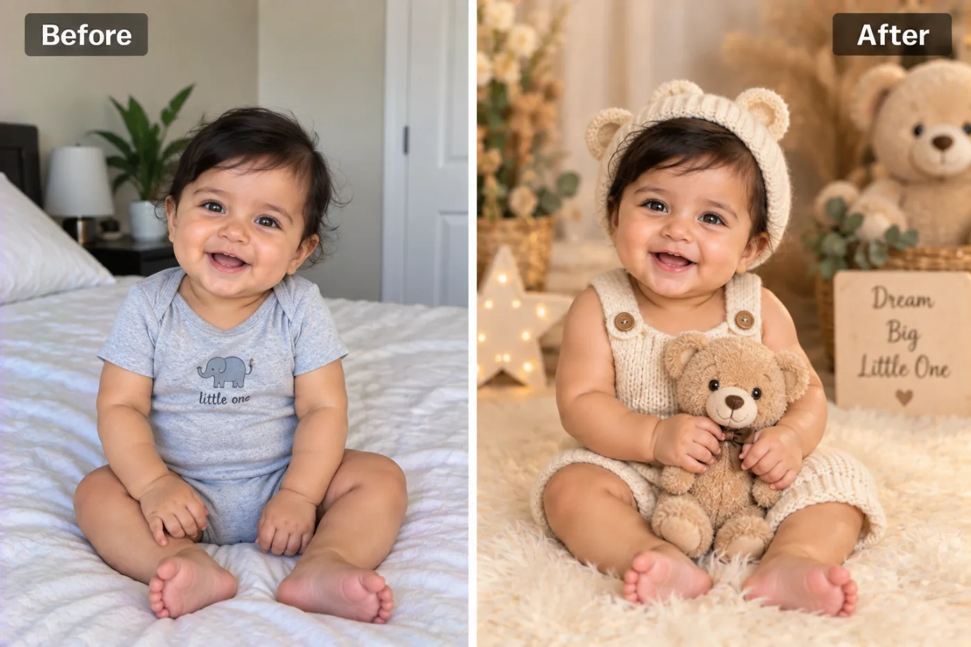 Turn a Baby Photo into a Soft Studio Portrait: before and after