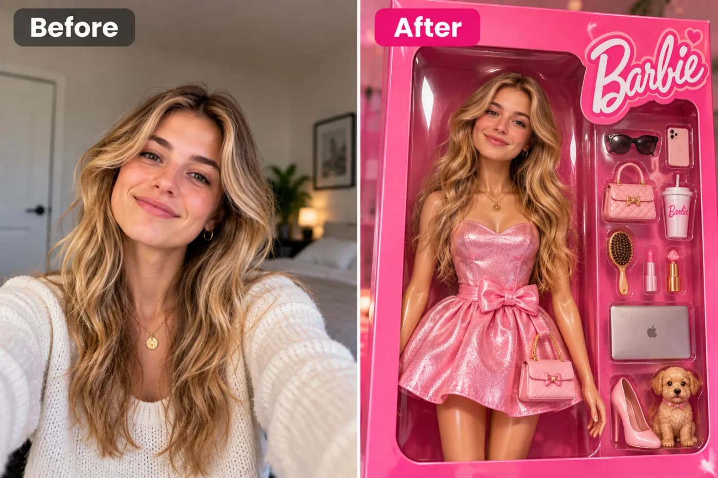 Turn Yourself into a Collectible Doll Box with AI: before and after
