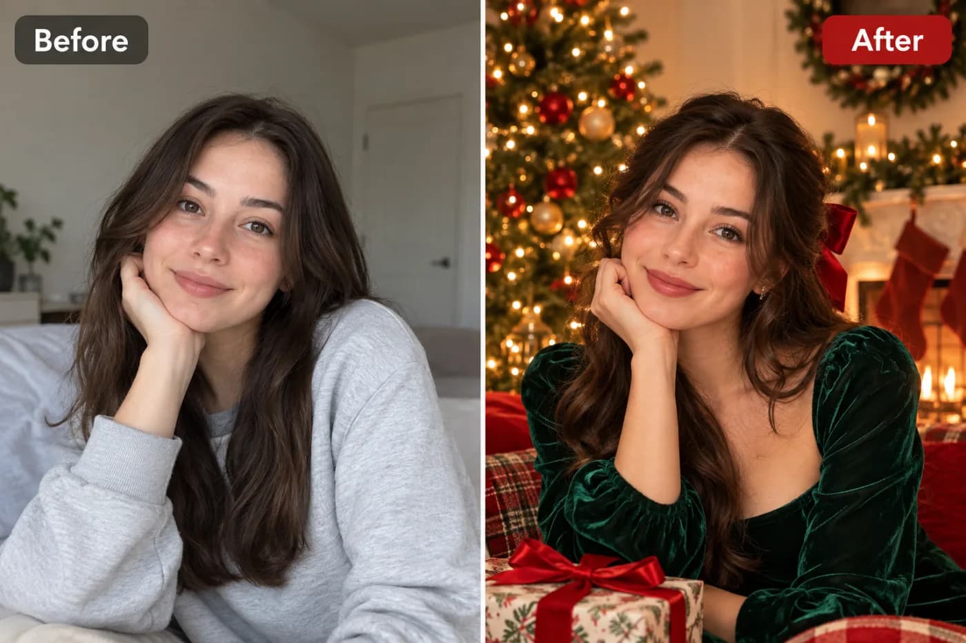 Turn a Selfie into a Christmas Portrait with AI: before and after