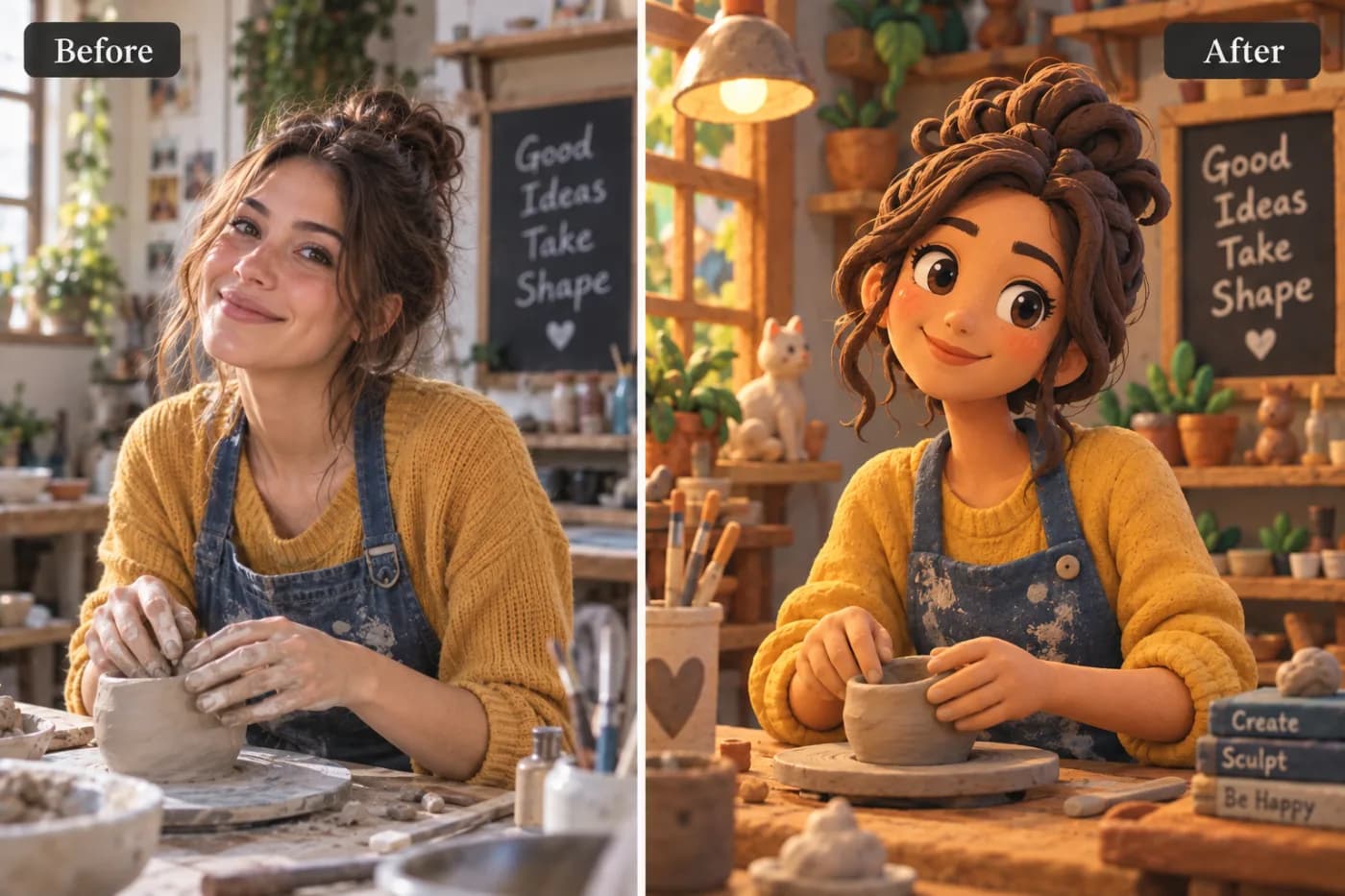 AI Claymation Effect: Turn Your Photo into a Clay Animation Portrait: before and after