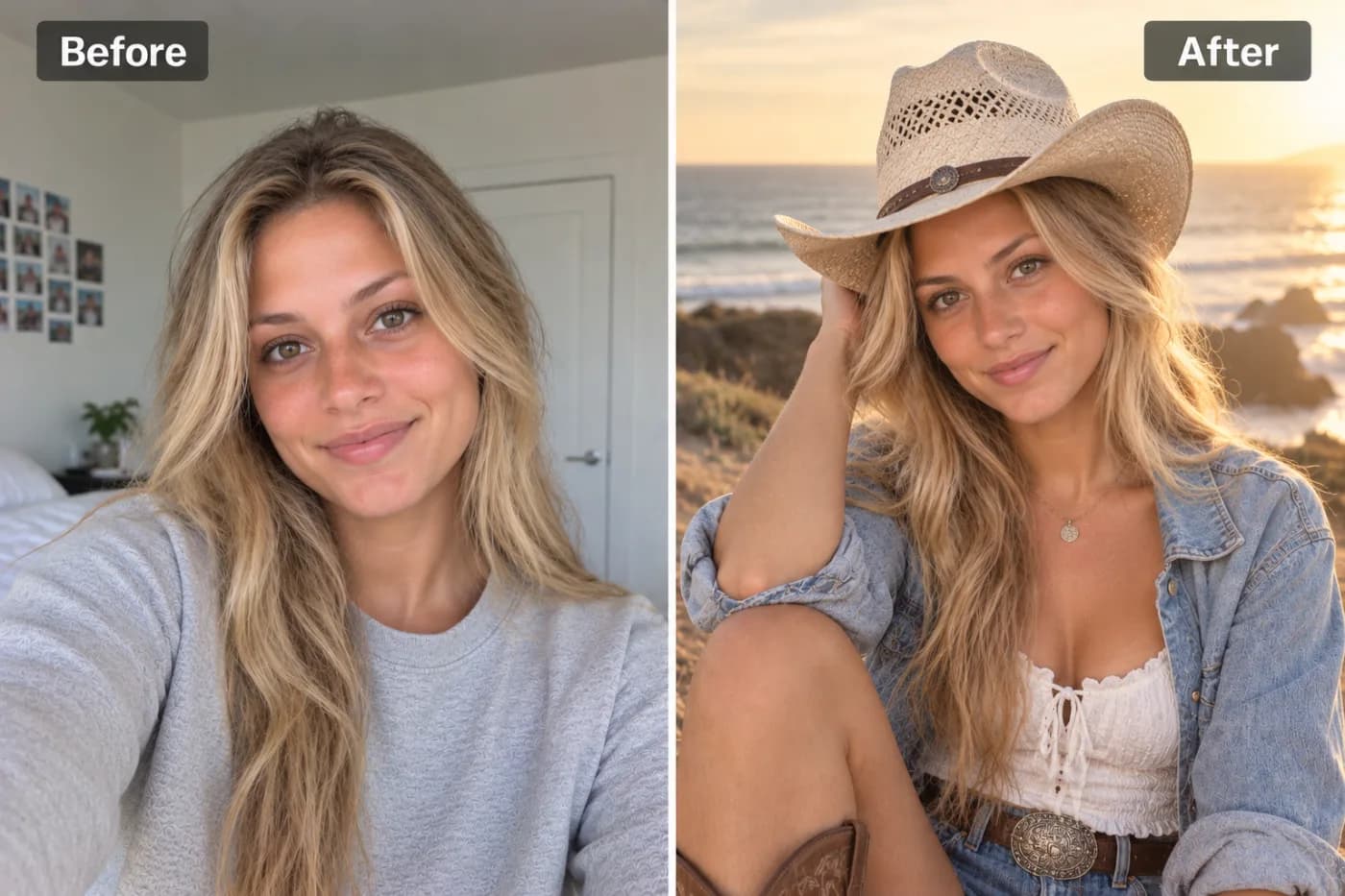 Coastal Cowgirl Aesthetic: AI Photo Filter & Style Guide: before and after