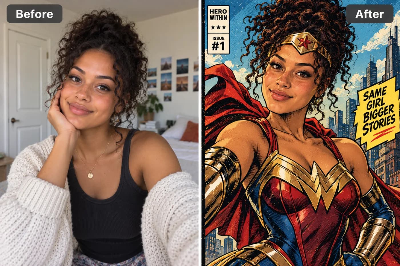 Turn Your Photo into a Comic Book Cover with AI: before and after