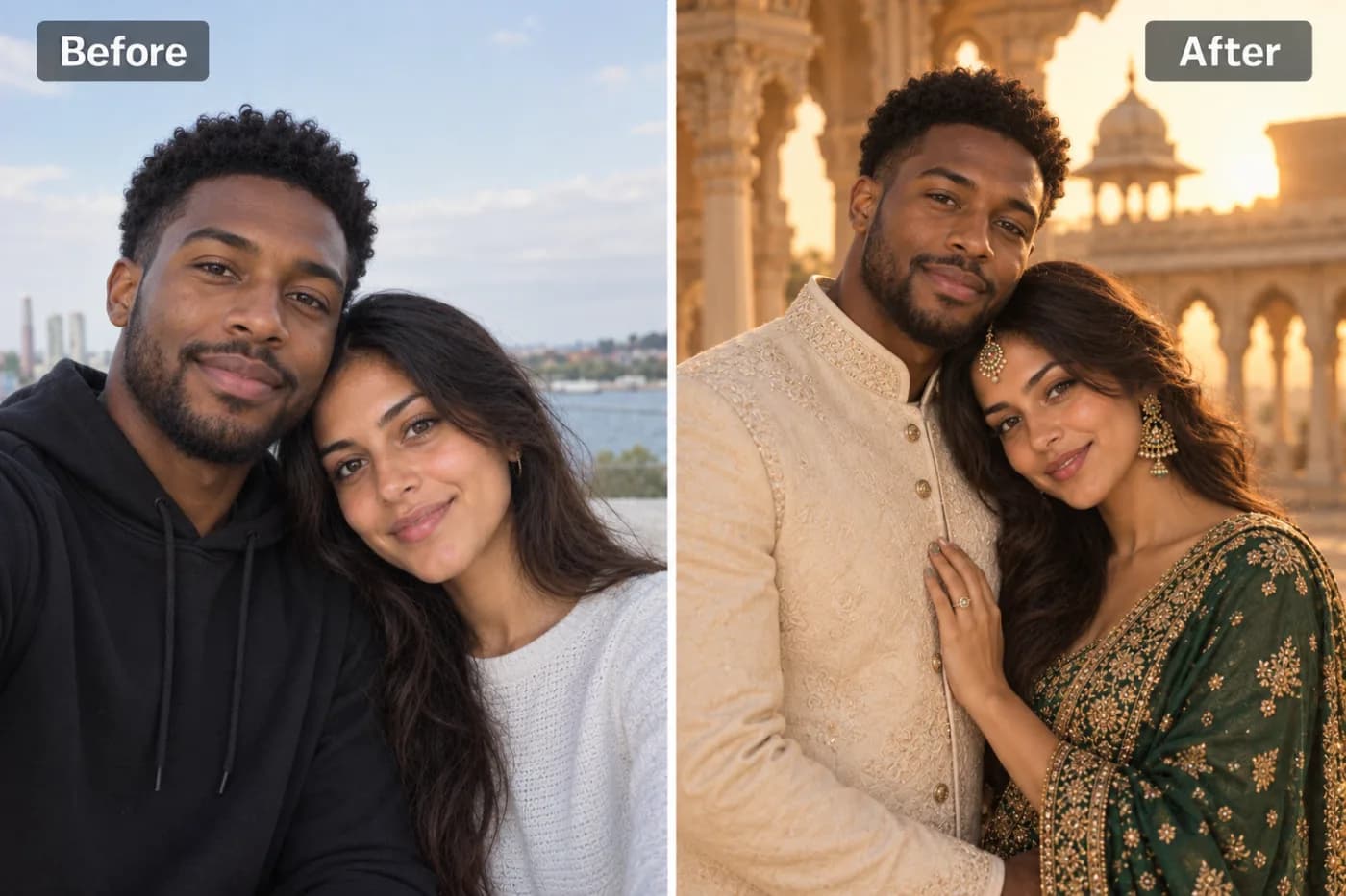 AI Couple Photoshoot: Create Romantic Portraits from Any Two Photos: before and after