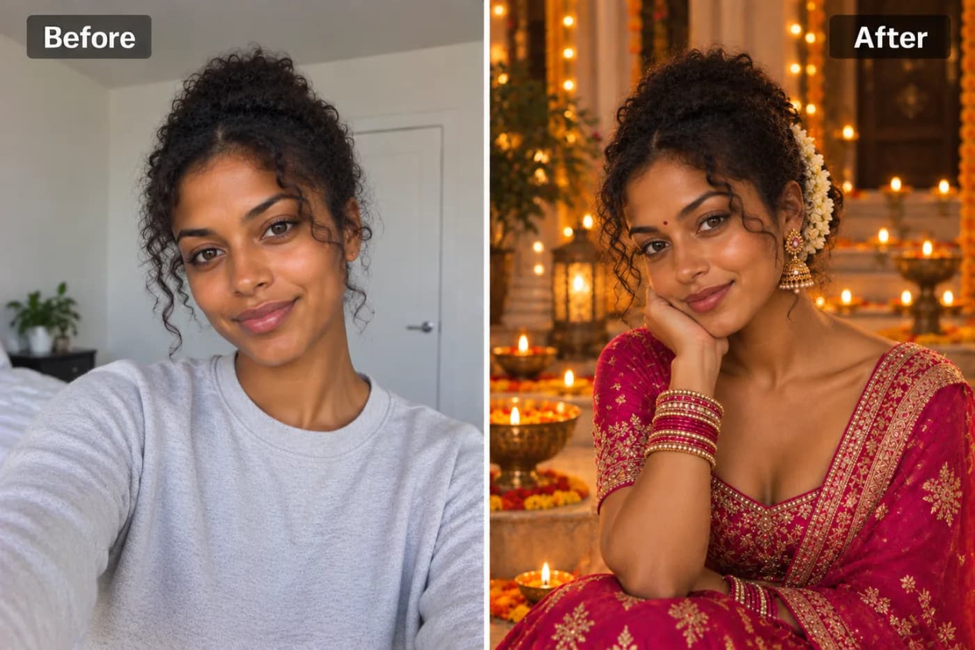 AI Festival Photoshoot: Create Vibrant Festival Portraits for Free: before and after