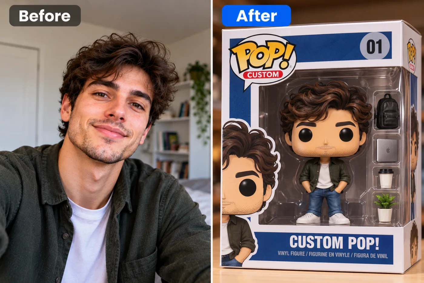 Turn Your Photo into a Funko Pop Figure with AI: before and after