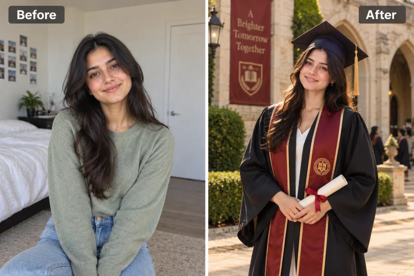 Make a Graduation Portrait from a Selfie with AI: before and after