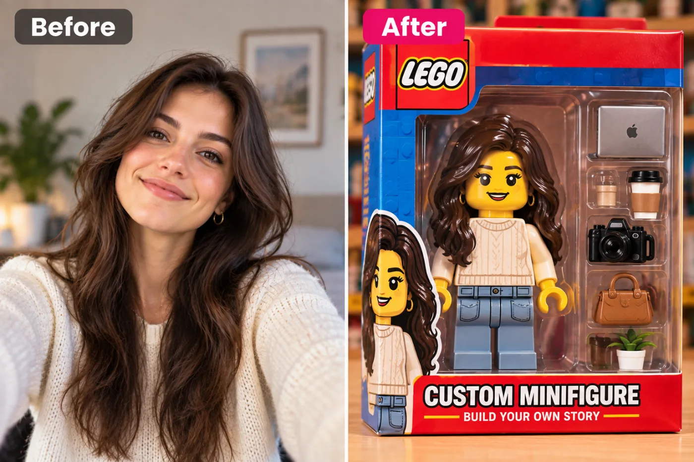Turn Your Photo into a Brick-Style Minifigure: before and after
