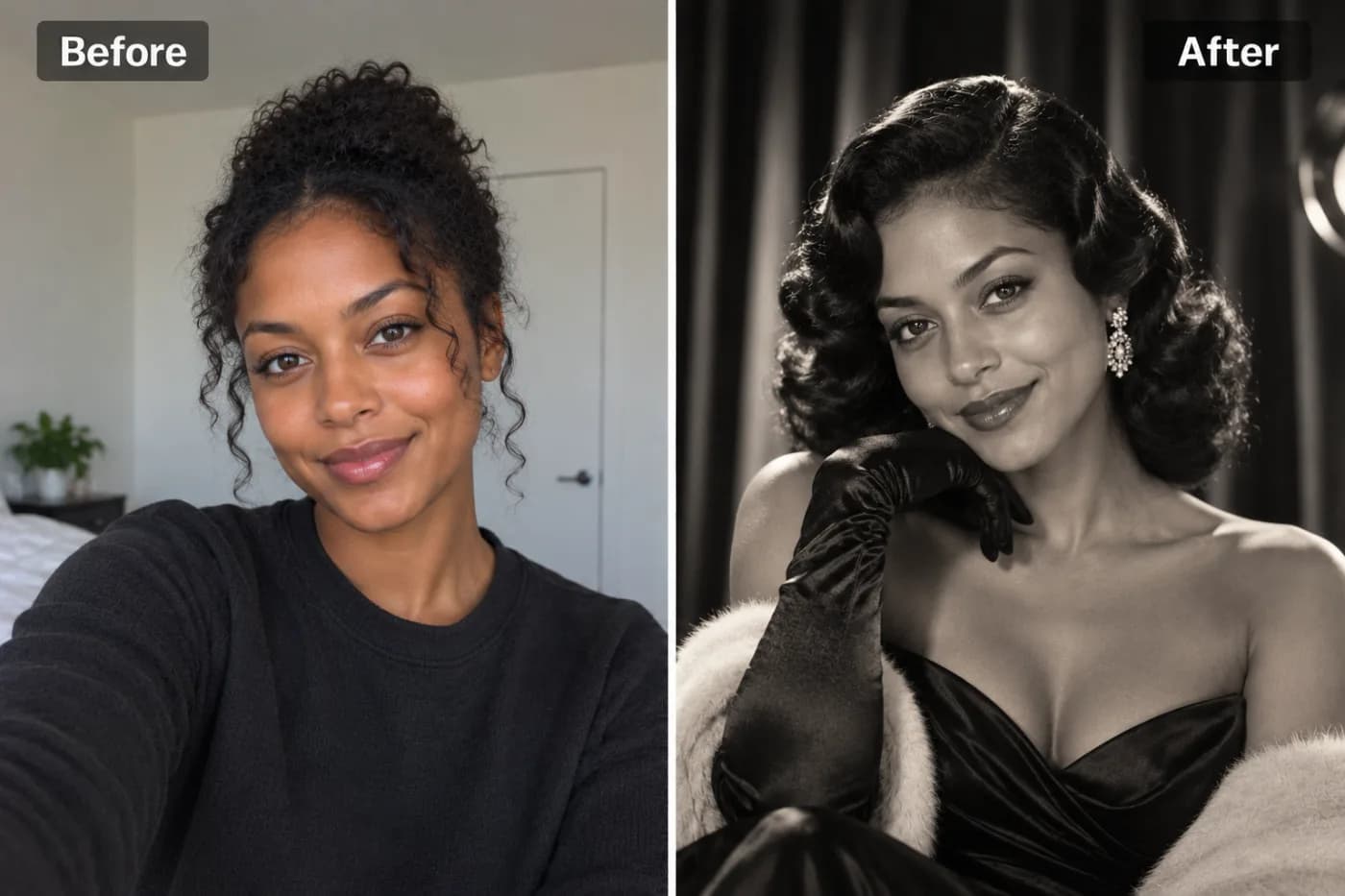 Old Hollywood Glamour AI: Turn Any Photo into a Golden Age Portrait: before and after