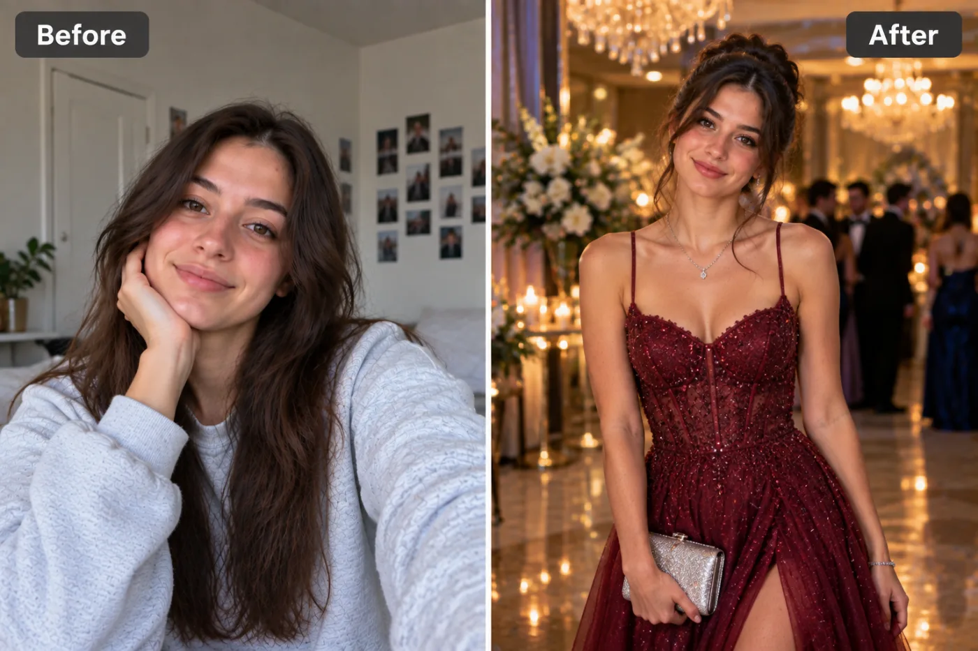 AI Prom Photo Maker: Get Stunning Prom Portraits Without the Studio: before and after