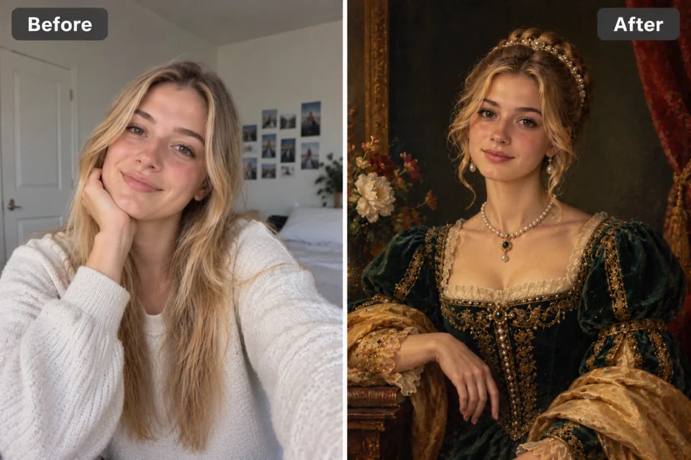Turn a Selfie into a Renaissance Oil Painting: before and after