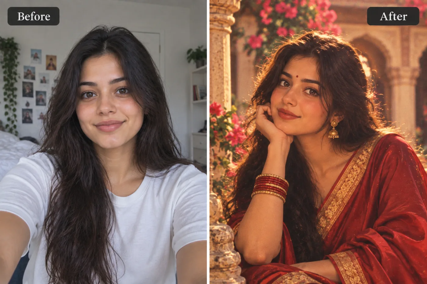 AI Retro Bollywood Photo Filter: Transform Your Photo into a 1970s Film Still: before and after