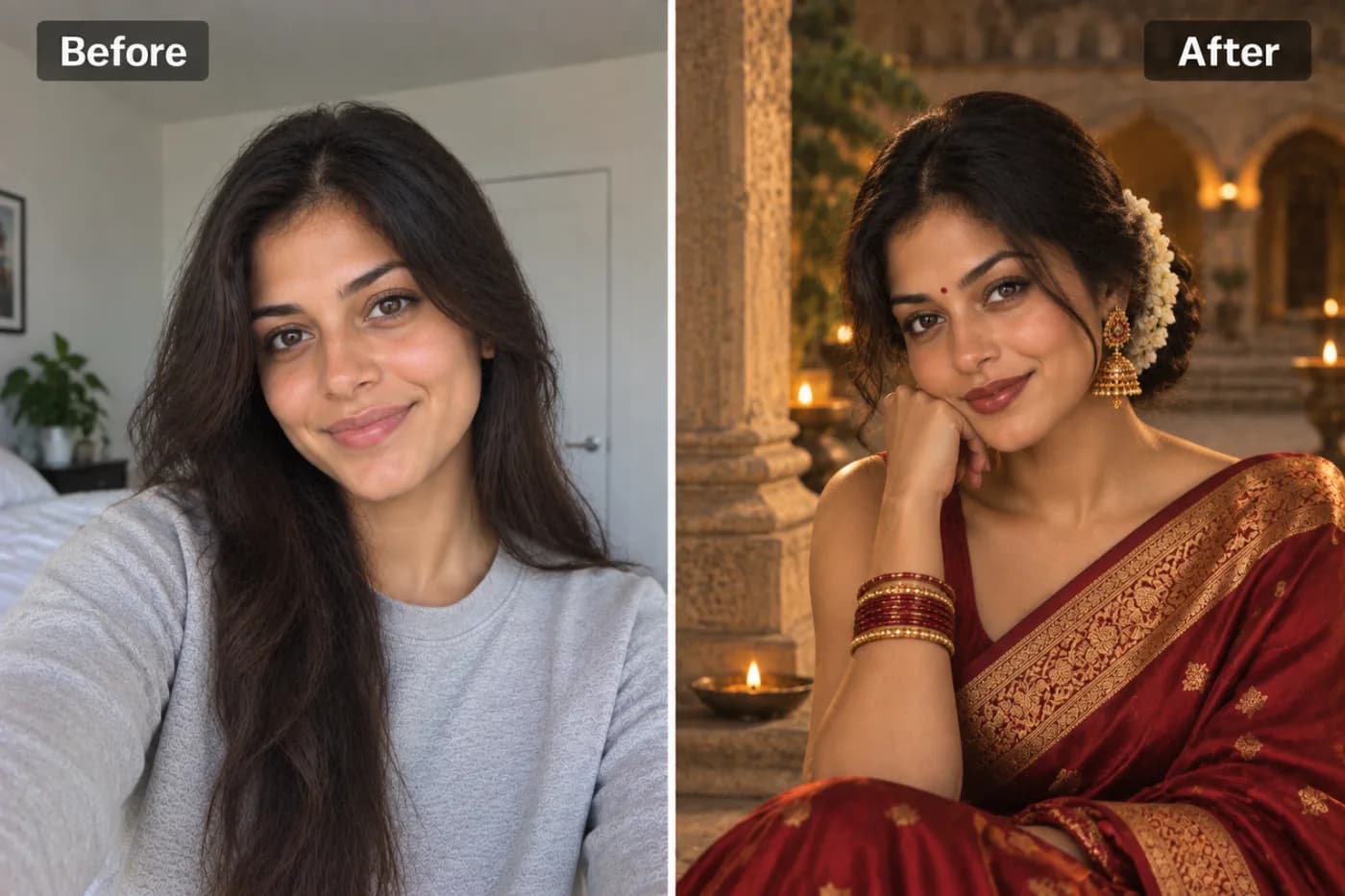 AI Saree Photoshoot: Transform Any Photo into a Traditional Indian Portrait: before and after