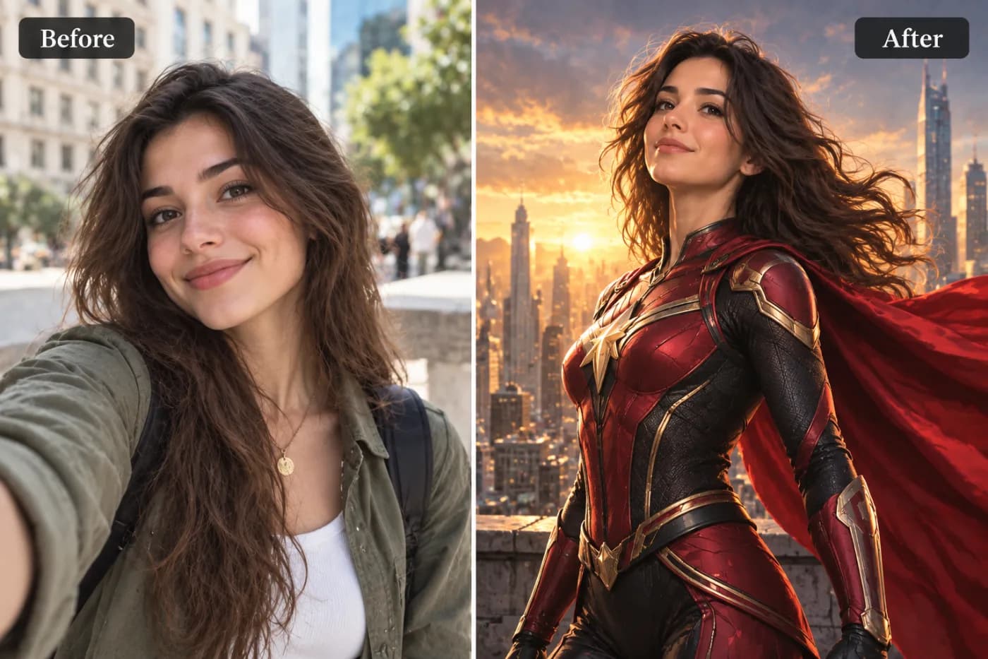 Turn a Selfie into a Superhero Portrait: before and after