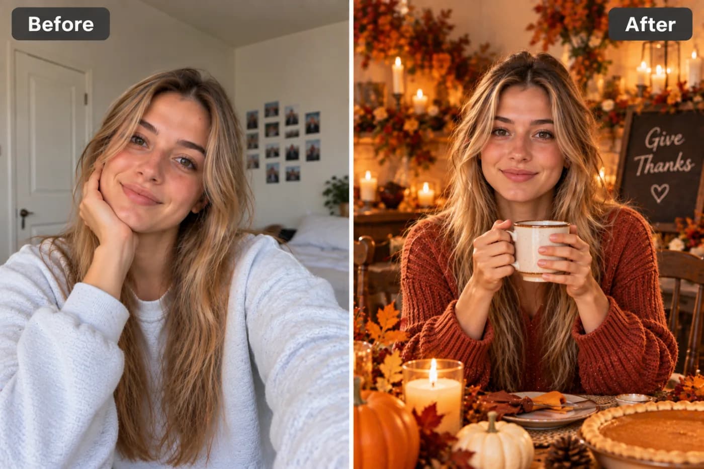 AI Thanksgiving Photo Maker: Create Festive Holiday Portraits Free: before and after