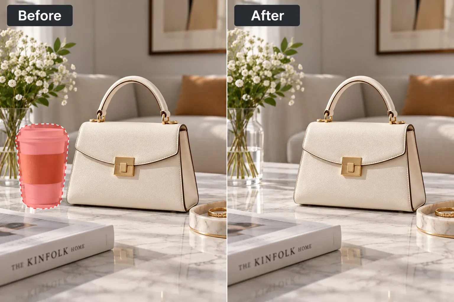 Cream leather handbag on a marble coffee table with a pink takeaway cup brushed in red beside it, next to the same photo with the cup gone and the flowers and table filled in