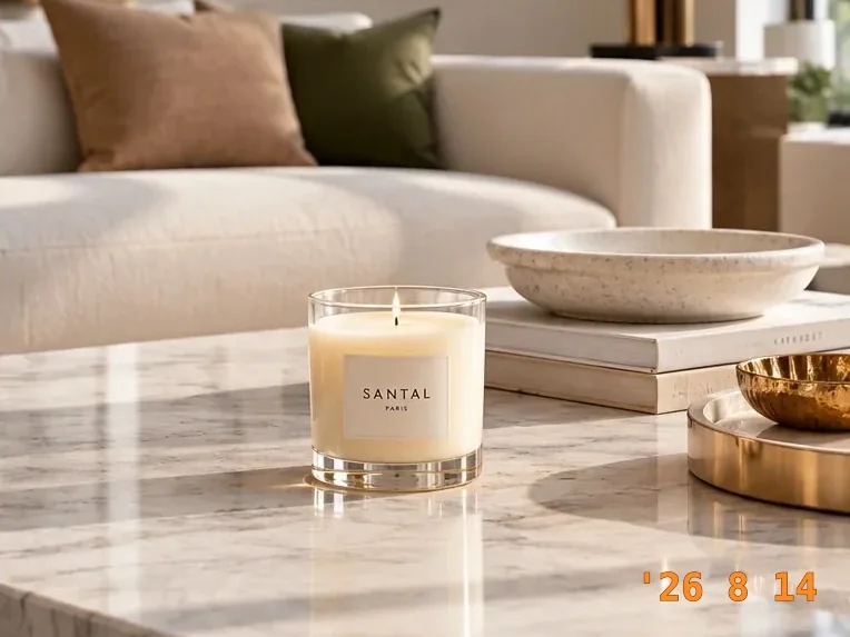 Living room with a candle and a stone bowl on a marble table, and an orange camera date stamp in the corner