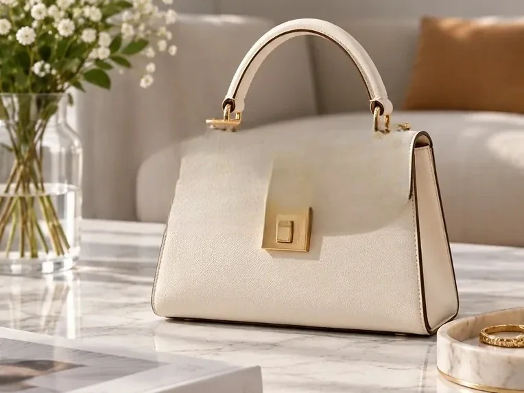 The same handbag photo with the logo watermark removed by the PixelShine AI watermark remover