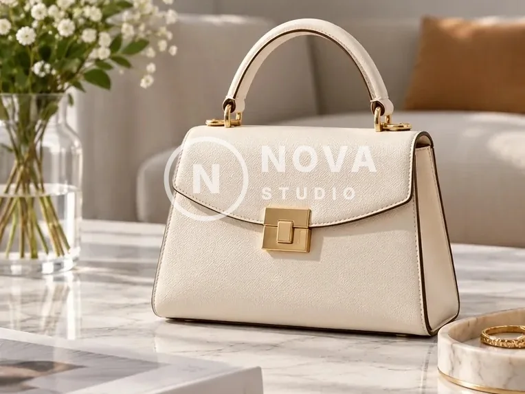 Cream leather handbag on a marble table with a white NOVA STUDIO logo watermark across it