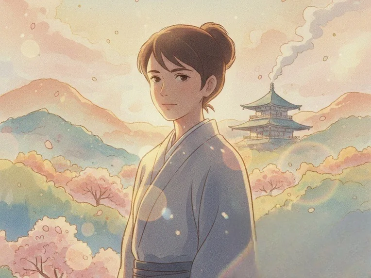 The same illustration with the signature removed; the corner where it was is filled with a smoother wash of color than the blossoms around it