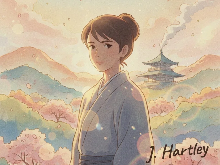 Pastel illustration of a woman in a kimono in front of pink hills, with a handwritten signature in the lower right corner