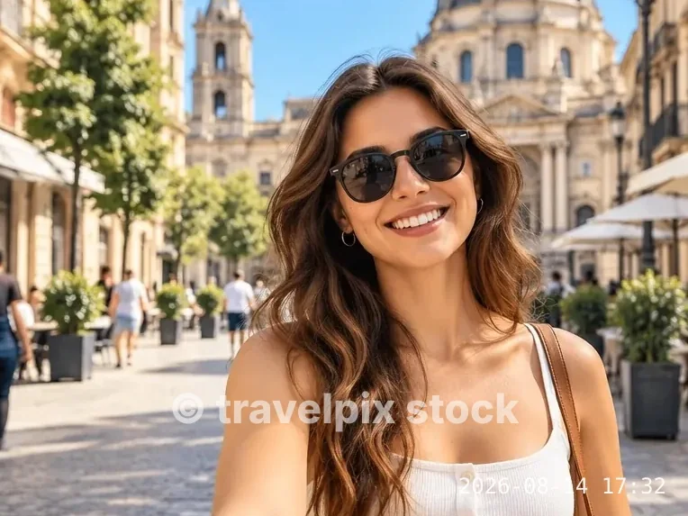 Travel selfie of a smiling woman in sunglasses with the text “© travelpix stock” and a 2026-08-14 17:32 timestamp over it
